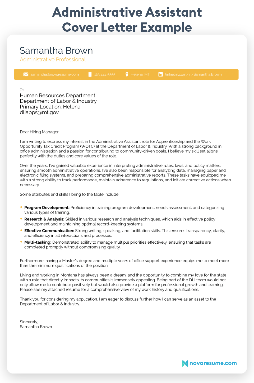 Administrative Assistant Cover Letter Example