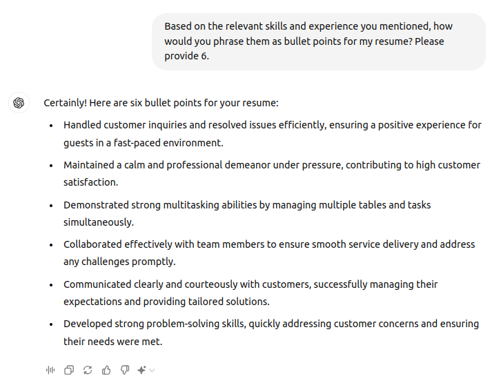chatgpt output into usable bullet points for resume