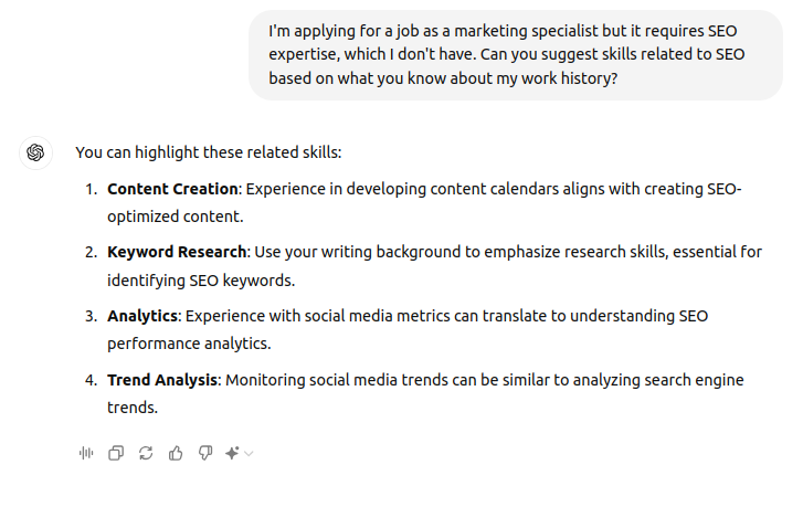 chatgpt suggesting skills related to work history
