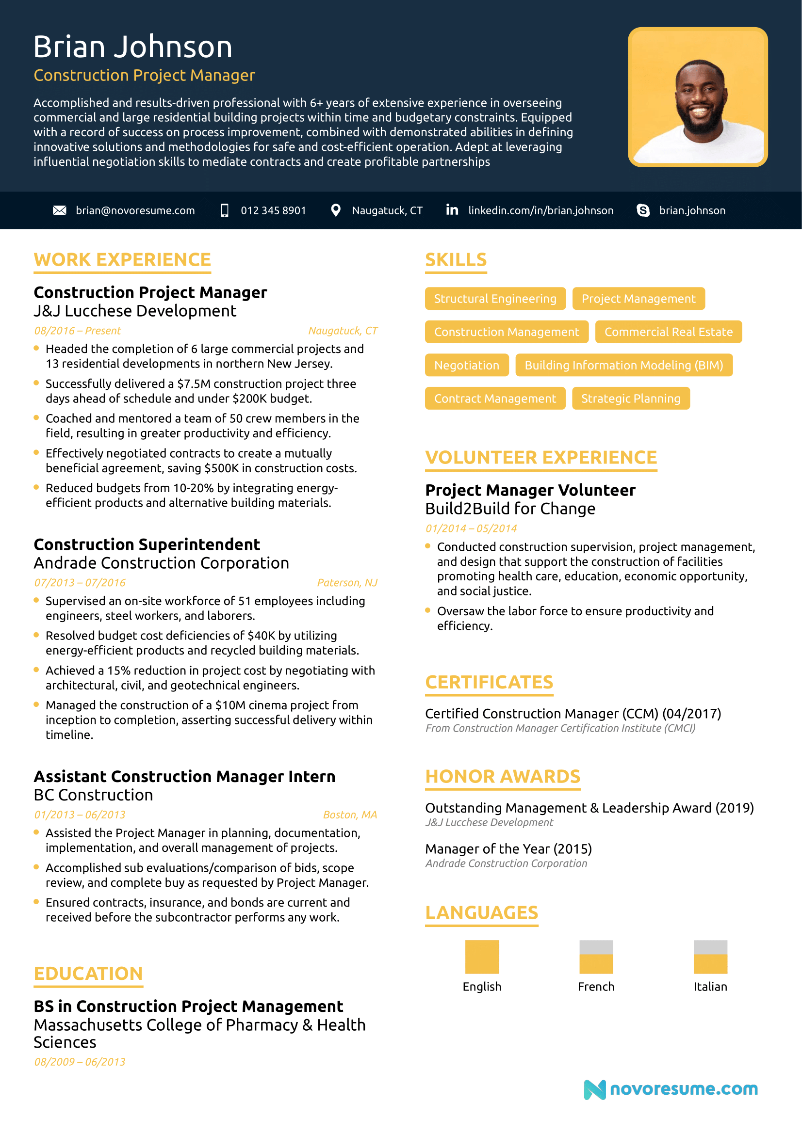 construction project manager resume example