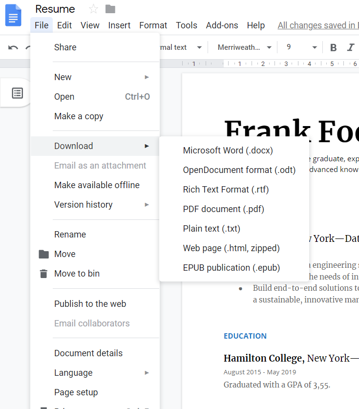 download google doc resume template