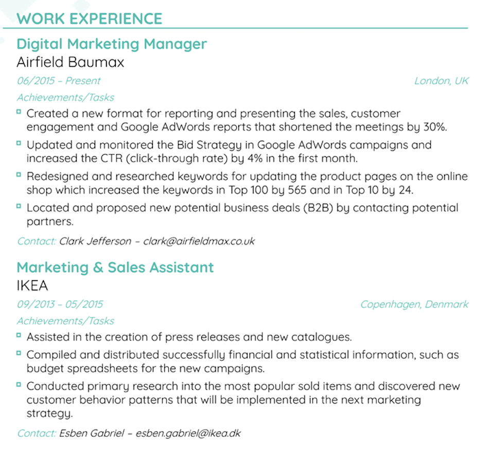 example of a work experience section