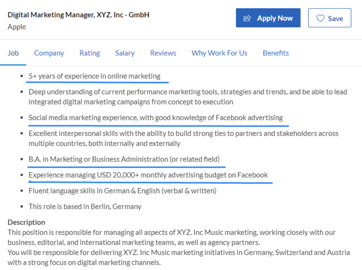 keywords on job ad example