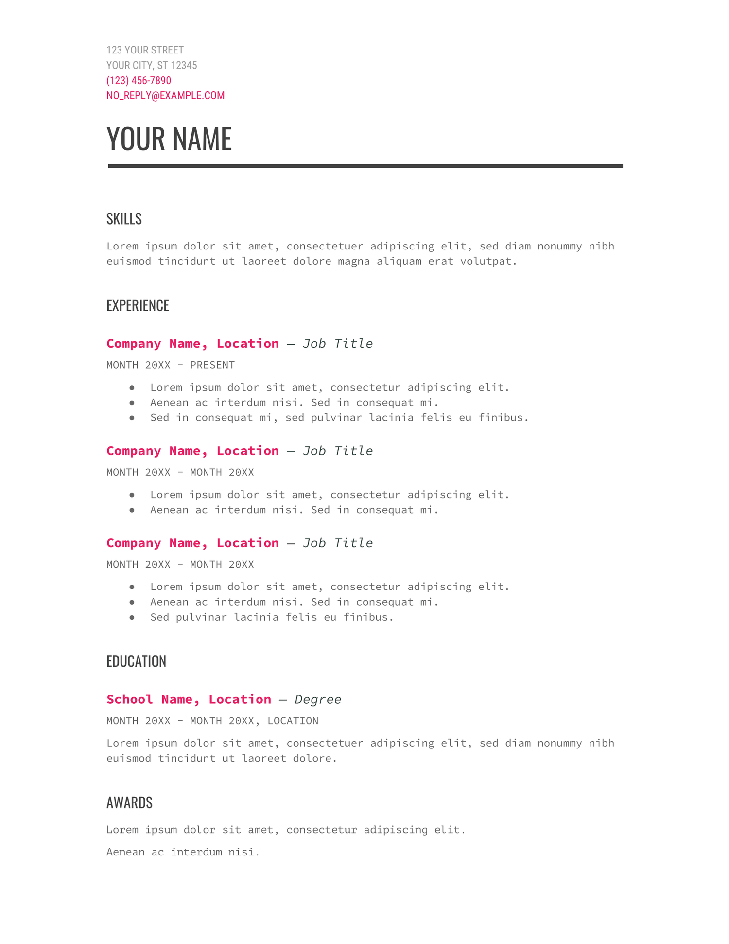 Modern Writer Google Docs Resume Template