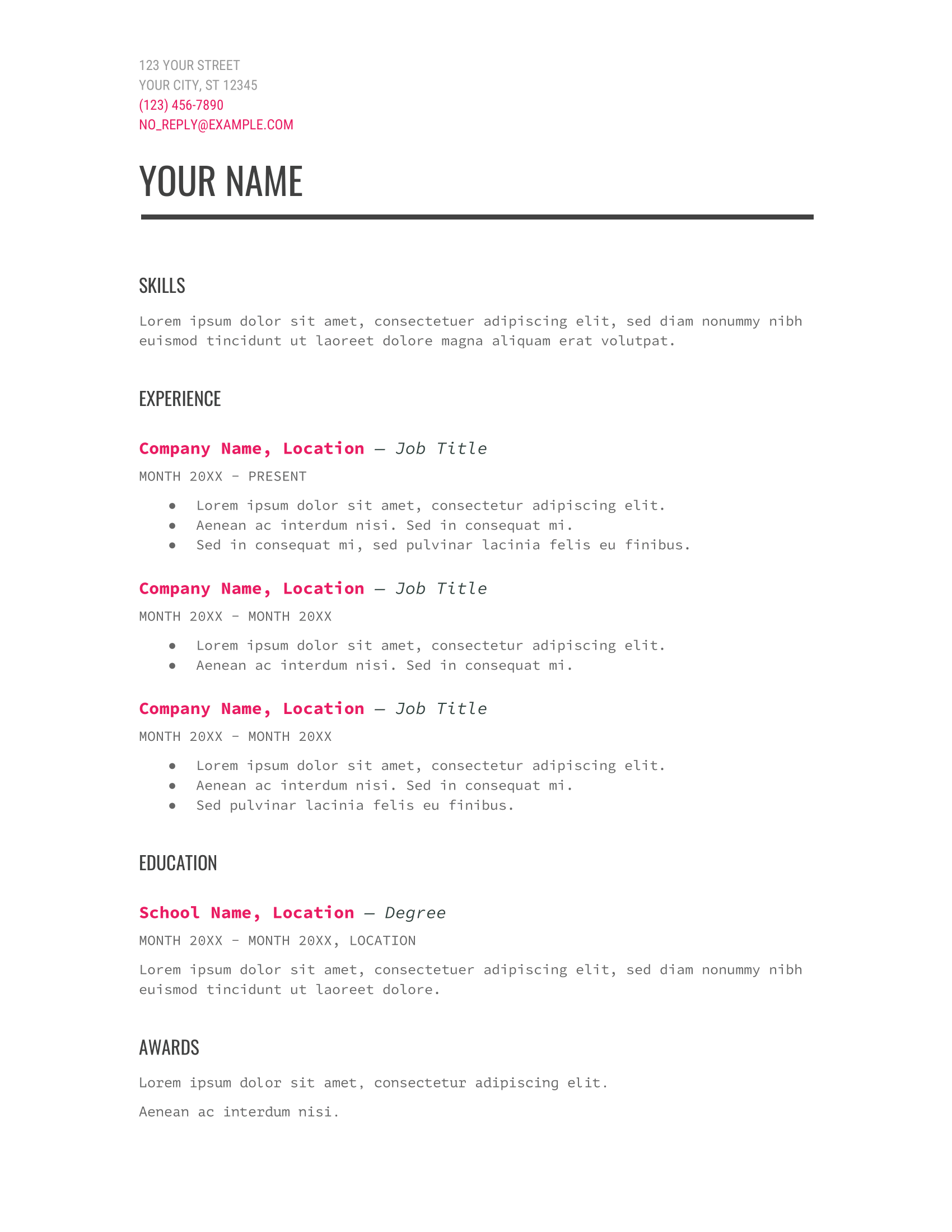 Modern Writer Google Docs Resume Template