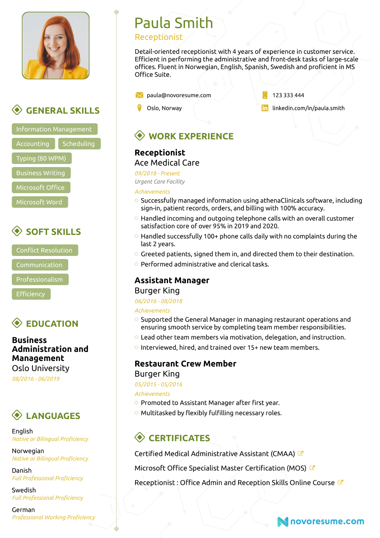 receptionist resume example