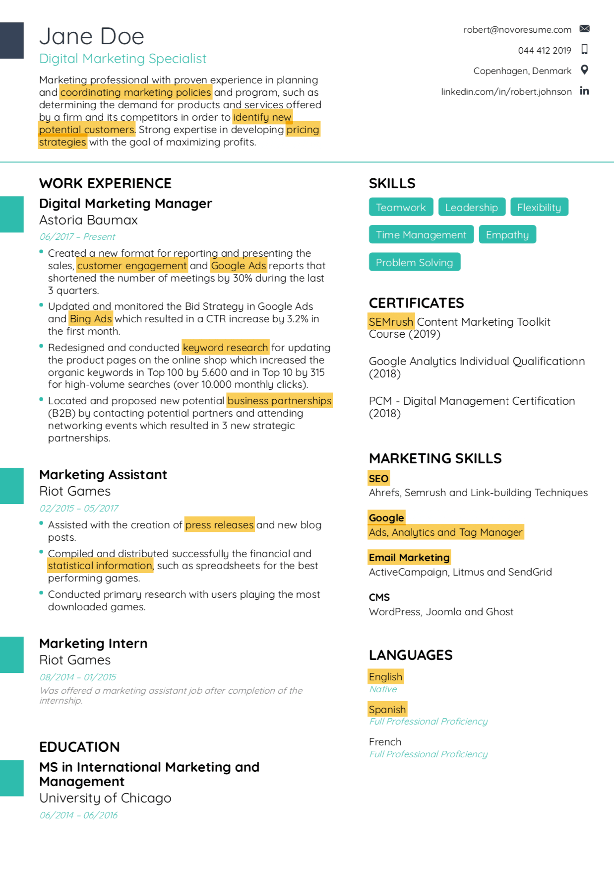 resume keywords example