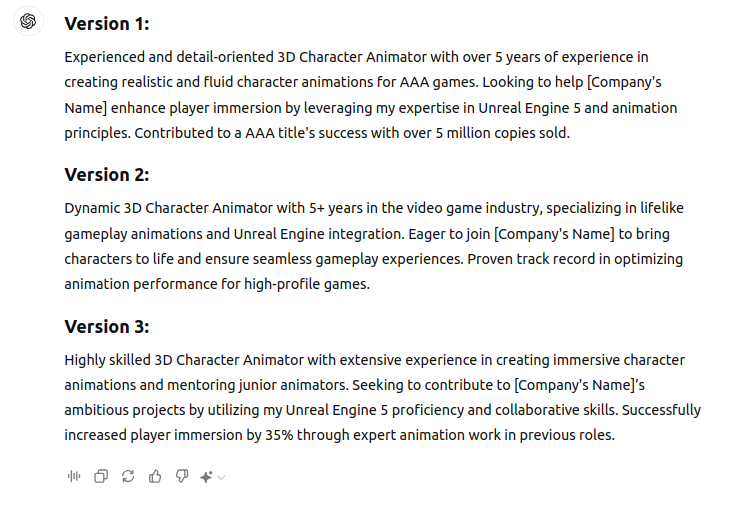 Resume Summary Prompt for ChatGPT for video game animator