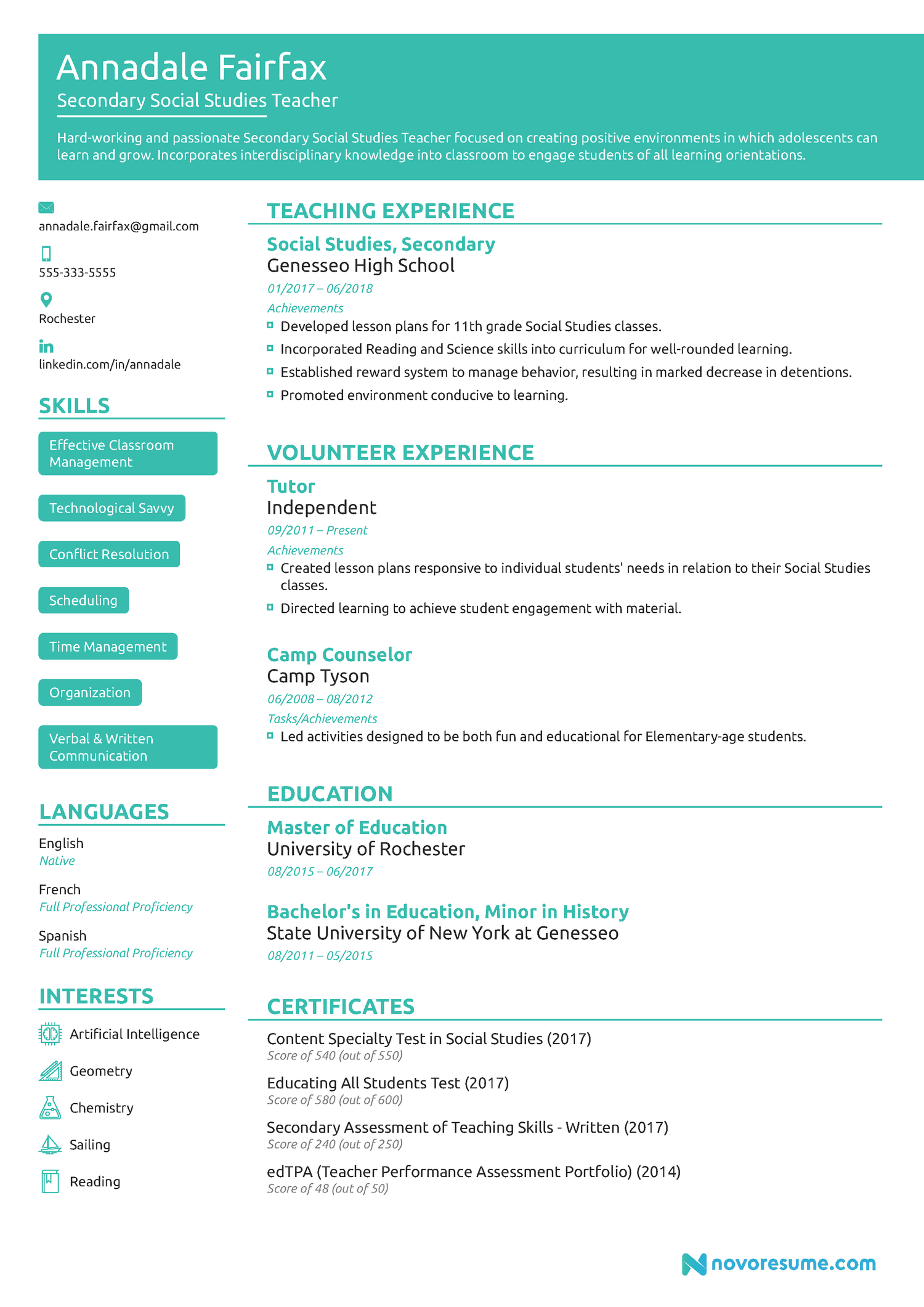 Teacher Resume Example