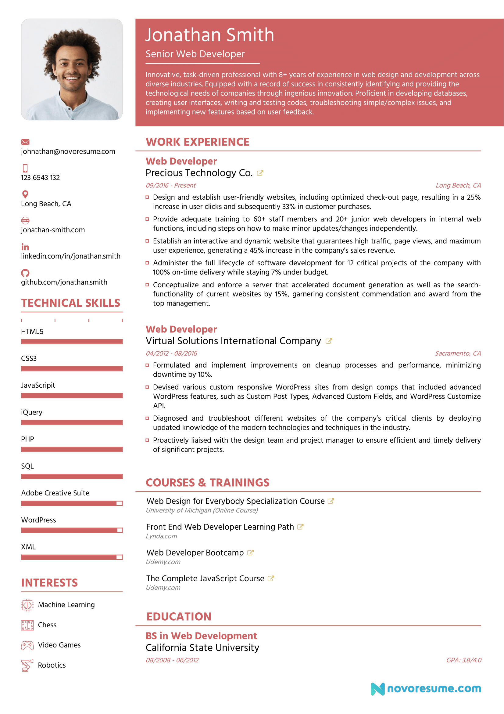 web developer resume sample